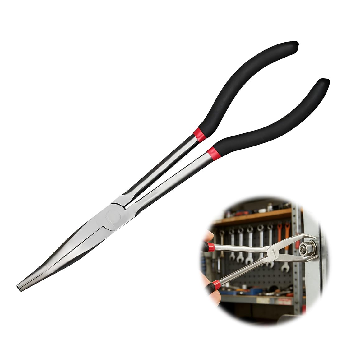 1 Pezzi Pinza Becchi Lunghi, 280mm Pinza a Becco Lungo Professionale, Manico Lungo Pinze a Becchi Lunghi Curvo a 25 Gradi in Acciaio al Carbonio per Spazi Stretti, Pesca e Gioielli (Nero)