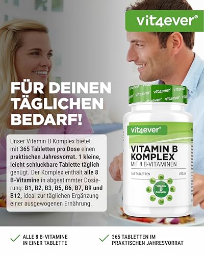 vit4ever Vitamin B Komplex - 365 Tabletten - 12 Monatsvorrat - Alle 8 B-Vitamine in 1 Tablette - Vitamin B1, B2, B3, B5, B6, B12, Biotin & Folsäure - Vegan