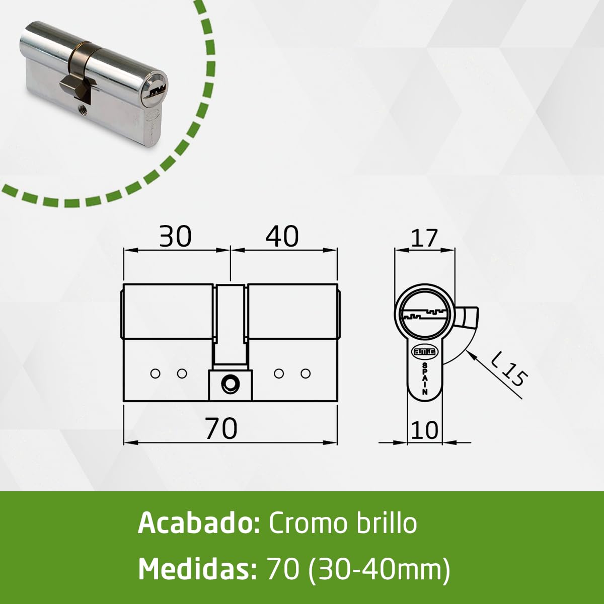 Amig - Cilindro de seguridad Mod. 9800 - Cerradura para puertas - Leva larga de 15mm - Sistema antitaladro - Incluye 5 llaves - Plateado - Medidas: 100 (50-50 mm)