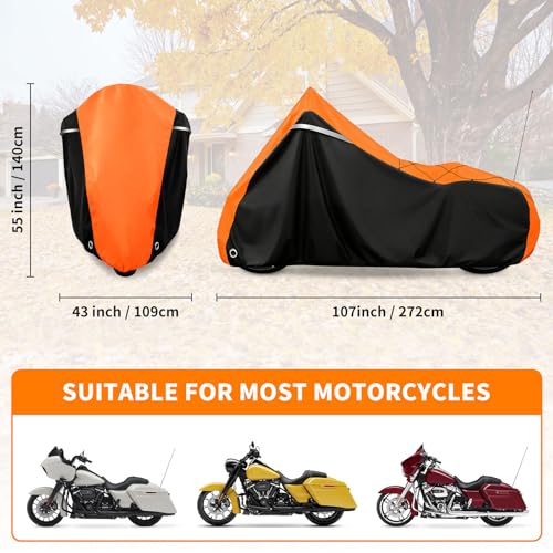 Image of COVERVIN Motorcycle Cover for Harley Davidson Touring Road King Road Glide Electra Glide Street Glide Low Rider-ST Heritage Classic HD Goldwing, All Weather Waterproof Cruiser Cover, Black&Orange