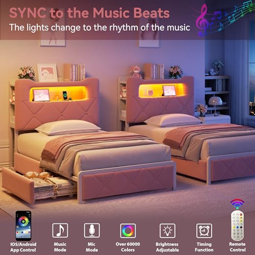 Image of Twin Upholstered LED Bed Frame with 2 Storage Drawers and 2-Tier Storage Bookcase Headboard, Velvet Princess Platform Bed for Kids /Girls /Boys, Heavy Duty Metal Support, No Box Spring Needed, Pink