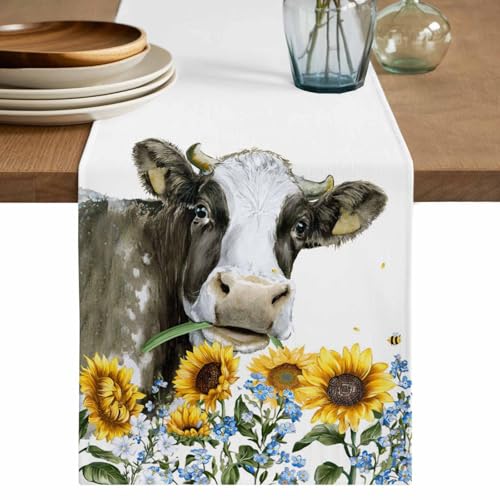 Sunflowers Cow Burlap Table Runner 120 Inches Long, Farmhouse Rustic