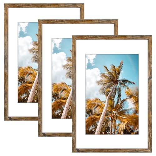 Image of Frametory, 16x24 Picture Frame With Mat for 12x18 Picture - High Definition Glass Wide Molding - Preinstalled Wall Mounting Hardware (Rustic Brown, 3 Pack)