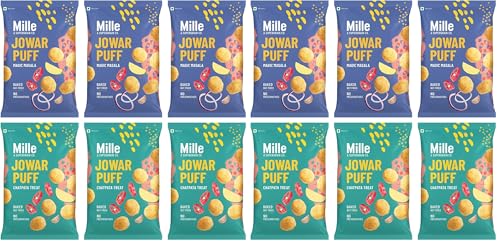 Image of Mille Not Fried Jowar Puffs Combo - Magic Masala & Chatpata Treat, Naturally Gluten Free, No Preservatives, Healthy Ready to Eat Millet Snacks, 35g x 6 (Pack of 2)