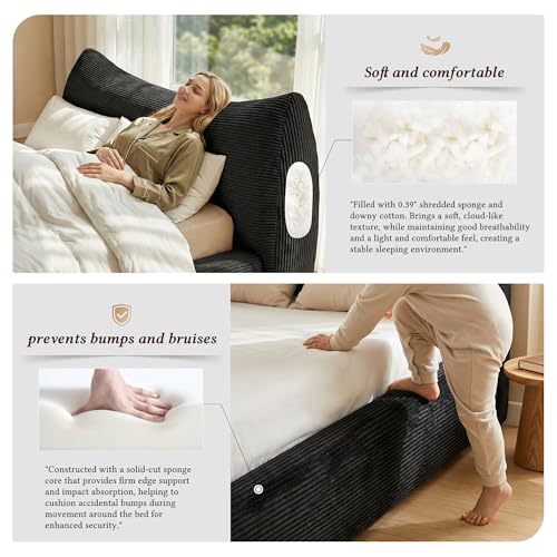 Image of Homkdom Cloud Bed Frame with Removable Headboard,Corduroy Soft Full Size Bed Frame Rounded Corner Design, Full Bed Frame for Modern Bedrooms Apartments, Guest Rooms,No Box Spring Needed,Black