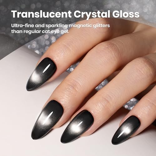 Image of Beetles Black Cat Eye Gel Polish, 15ML Black Glass Cat Eye Glitter Gel Polish with Magnet Shimmer Translucent Sheer Color Soak Off UV Midnight Sands Series French Nail Art Dsign Gift for Women