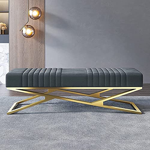 Banc en velours gris haut de gamme et base dorée pour décoration chic