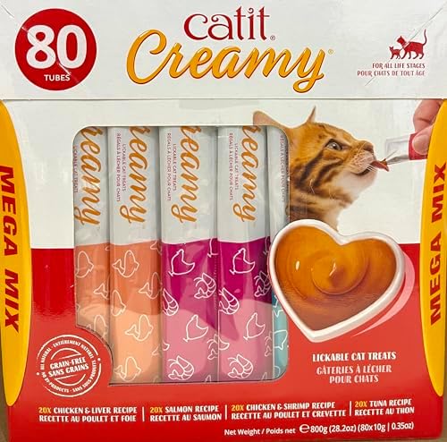 Catit Creamy Lickable Cat Treat, Healthy Cat Treat, 4 Flavours, 80 Tubes, 800g (80 X 10g)