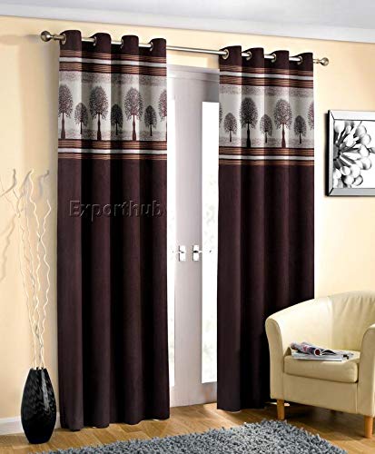 Image of Exporthub Polyester Plain Crush with Patch Design Eyelet Long Door Curtain (EHSPR709 84, Brown, Length 8 Feet) - 2 Pieces