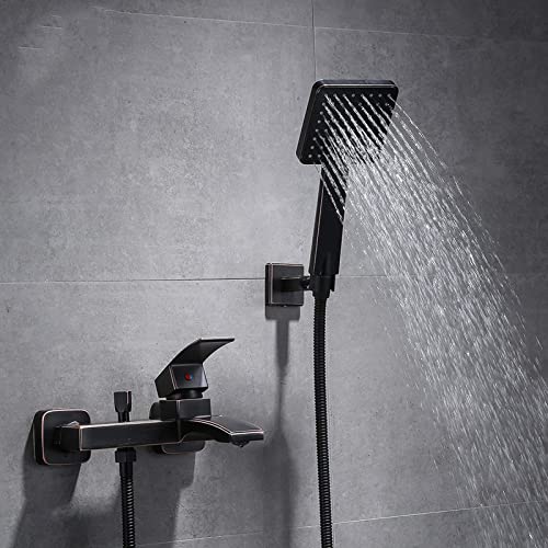 HCZKIUJY Grifo clásico de Pared para bañera, Grifo de latón con Ducha de Mano, Grifo Mezclador para baño, Juego de Ducha Monomando Negro