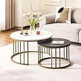 CLIPOP Rund Couchtisch 2er Set,Satztisch mit Marmoreffekt Holztische mit Metallrahmen Basis,70x70x45cm+50x50x38cm Stapelbarer Beistelltisch Set Nesting Tischen,Schwarz + Weiß