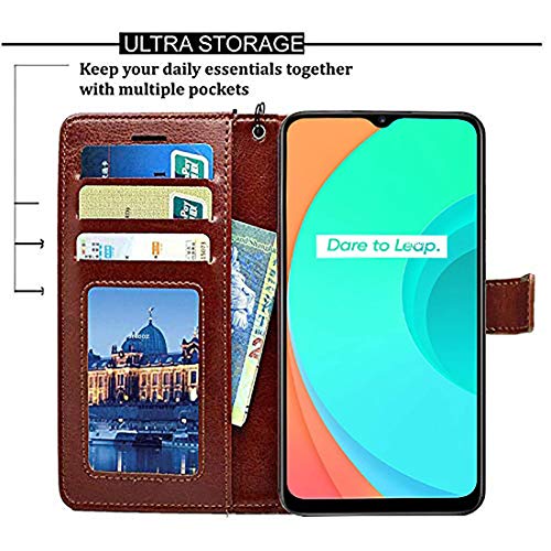 Image of Flip Cover Compatible with Realme C11 | Premium Leather Finish | Inbuilt Pockets & Stand | Flip Cover Back Case for Realme C11 (Brown)