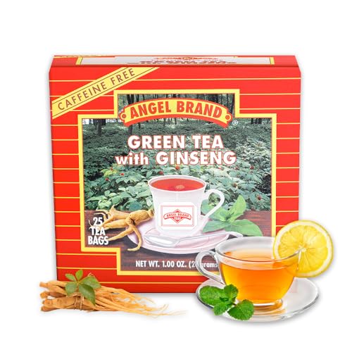 Angel Brand Green Tea with Ginseng Tea Bags 25 – Energizing & Rich Herbal Blend Created From Camellia Sinensis Plant Leaves & Ginseng Root - Enjoy Balanced Flavor & Rich Nutrients With Health Benefits