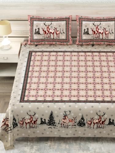 Image of 240 TC 100% Cotton Bedsheet for Double Bed King Size with 2 Pillow Covers | Breathable & Super Soft Rajasthani Sanganeri Jaipuri Printed Bed Sheet -108 * 108 Inches (Deer 3)
