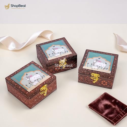 Image of Handcrafted Wooden Jewellery Box Copper Metal Finish (4 x 4 inch) - Pack of 3 | Oxidized Pichwai Cow Design | Decorative Organizer | Storage Box for Women Puja Festive Gifting | Sacred Teal