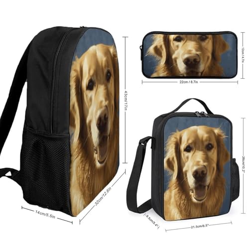 3 Piece Backpack for Women Men Lightweight Causal Daypack Shoulder Bag Set with Insulated Lunch Bag And Pencil Case Organizers Golden Dog2