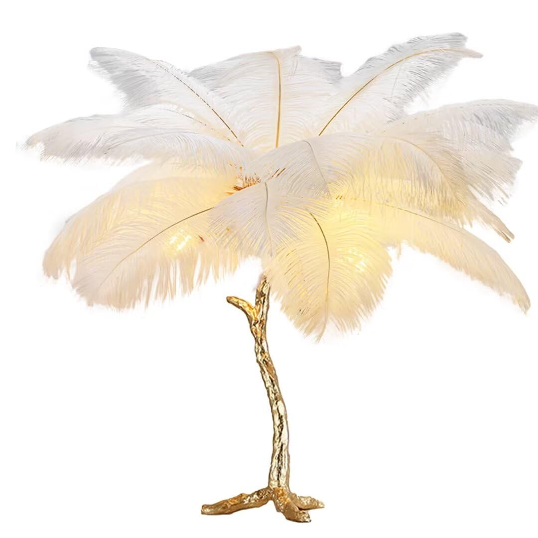 GUANSHAN - Ostrich Feather Table Lamp, Creative Resin Base Tree and Tree Fork Lampshade, Ostrich Feather Decorative Night Light, Night Light for Living Room,