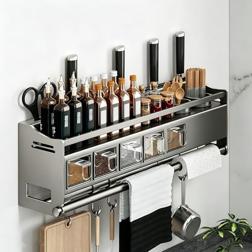 Estante de especias montado en la pared, organizador de metal con soportes para utensilios y toallas de papel, estante de almacenamiento de cocina para armarios, organización eficiente de la cocina