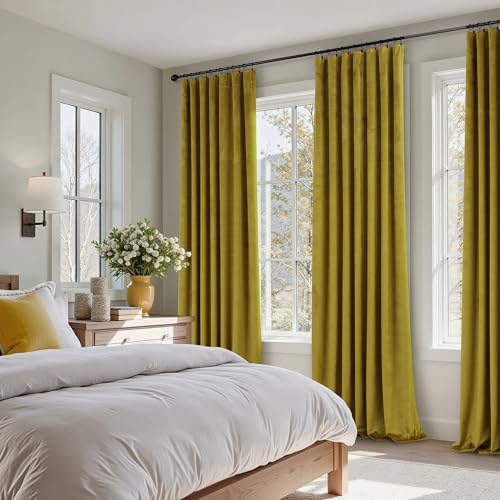 Image of Chartreuse Green Velvet Curtains 84 Inches Long 2 Panels Set for Living Room Mid Century Modern Maximalist Psychedelic Vintage Olive Green Yellow Drapes for Bedroom Wide 52 x 84 Inch Length Back Tab