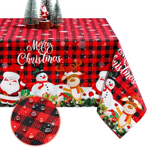 Tiamon Fabric Christmas Tablecloth Table Cover for Rectangle Table, Washable Snowman Santa Claus Cover Decorations for Xmas Winter Holiday Party Supplies(52 x 70 Inch)