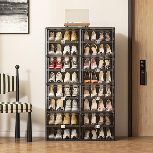 Image of Vipbox Black Shoe Rack Organizer Cabinet for Closet Entryway,Clear Shoe Storage Boxes Stackable Sneaker Storage with Door Easy Assembly Shoe Cabinet with Lids Large 8 Tiers 32 Pairs