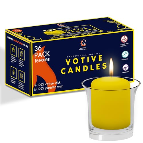 Candle Charisma Citronella Scented Votive Candles - 15 Hour Burn time - Set of 36 for Dinner, Wedding, Halloween and Holiday Decorations