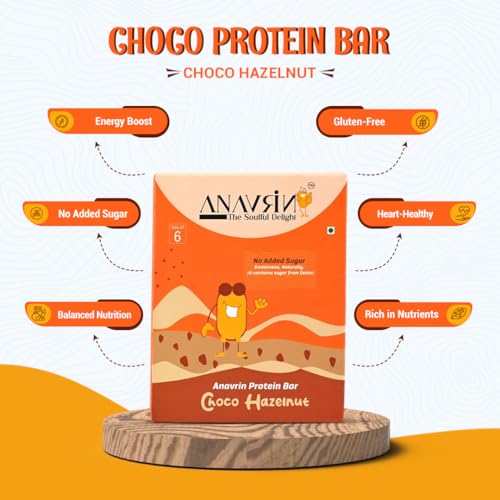 Image of ANAVRIN Choco Hazelnut Protein Bar - 15g Protein, 3g Fibre in each Bar (6 Bars x 50gm) No Added Sugar, No Soy, No Preservatives, Gluten Free High Protein Energy Bar, All Natural Flavors