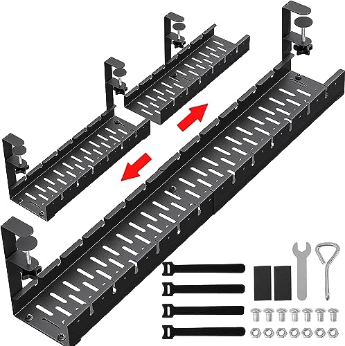 Bandeja porta cable extensible de 79 cm para debajo del escritorio, bandeja metálica para gestión de cables con abrazadera, soporte extensible para cables y regletas de alimentación