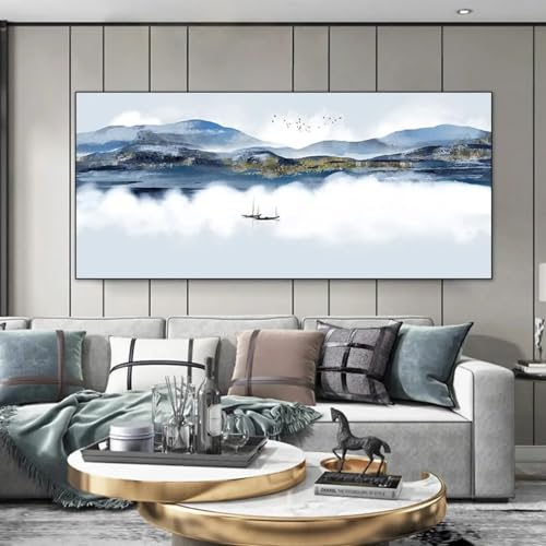 Décoration murale salon avec peinture montagnes bleues aquarellées