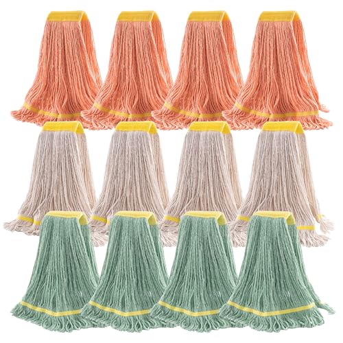 Image of Matthew Cleaning 12Pcs 5'' Headband White&Orange&Green 24Oz Commercial String Mop Heads, Loop-End Mop Head Replacement, Heavy Duty Industrial Washable&Reusable Mop Refills for Residential& Warehouse