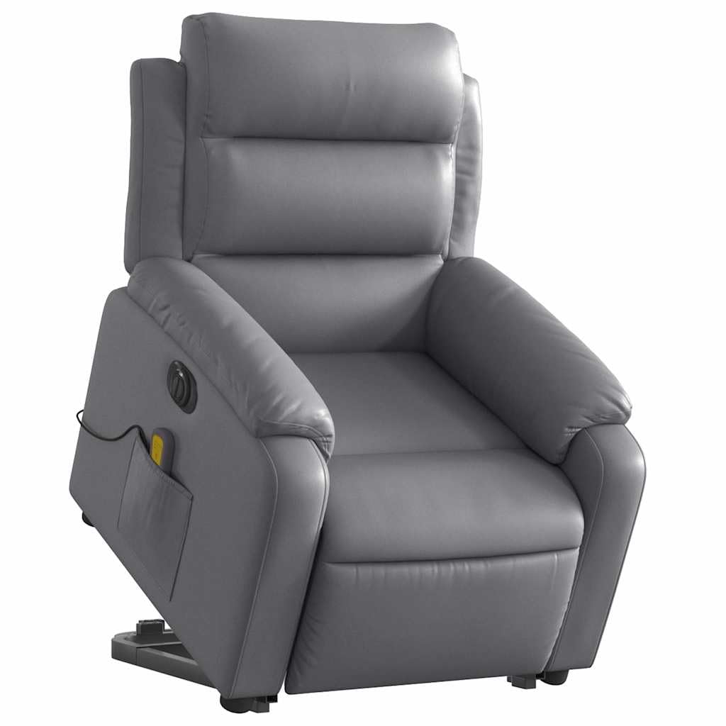 Sillón elevador eléctrico reclinable con masaje por vibración, gris de piel sintética, 6 puntos de masaje, función elevación e inclinación 135°, estructura estable,