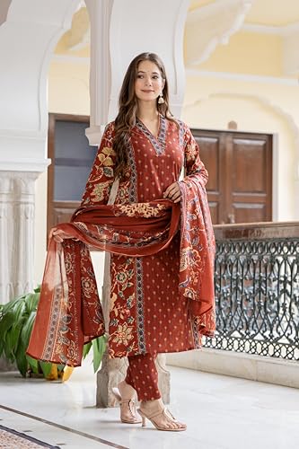 Image of MEERA FAB Women's Cotton Blend Straight Printed Kurta with Palazzo & Dupatta