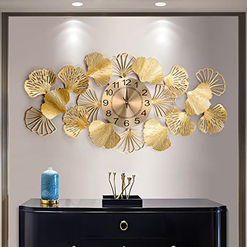 Large Decorative Wall Clock,35.8 Inch Silent Non-Ticking Metal Wall Watch Clock Art Design Ginkgo Leaf For Kitchen, Living Room, Bedroom, Bathroom, Bedroom, Office Home Decor (Gold) #TOP4
