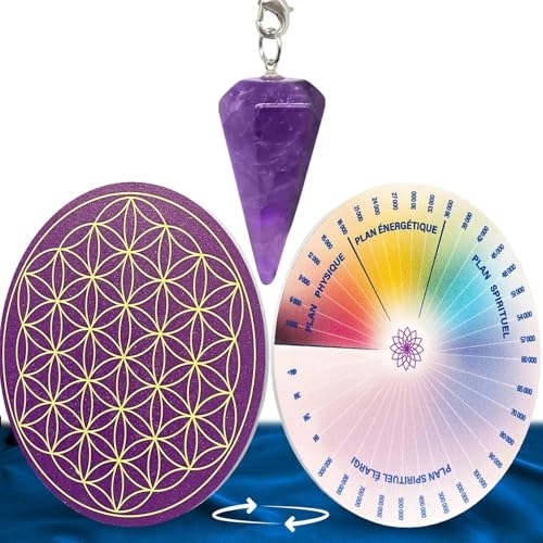 Vibratis   Péndulo adivinatorio de amatista + flor de la vida de PVC para rellenar las piedras y péndulos y escala de Bovis   11,5 cm | 100% fabricado en Francia