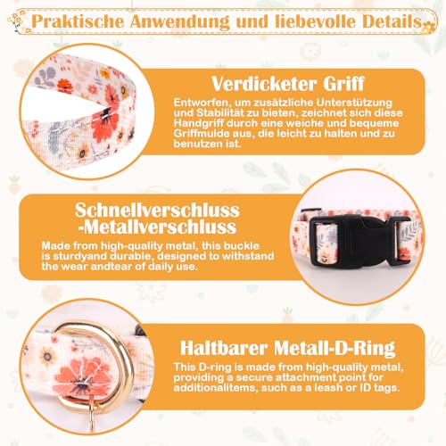Sommer Hundehalsband Bunt, Blume & Dinosaurier-Designhundeleine mit Schnellverschluss Kunststoffschnalle, Komfortable Baumwolle Halsband für Jungen und Mädchen Hunde (Blumen, S(Hals:24-40cm))
