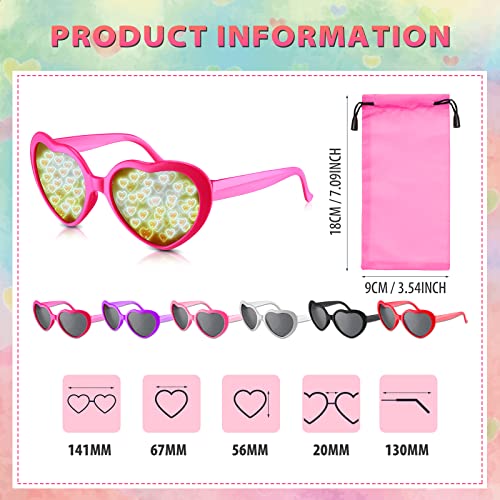 Konohan 6 Pairs Heart Sunglasses Effect Glasses Diffraction Festival Back to School Party Light Changing Heart and 6 Pieces Microfiber Glasses Gadgets Slim Soft Storage Pouch with Drawstring Closure2