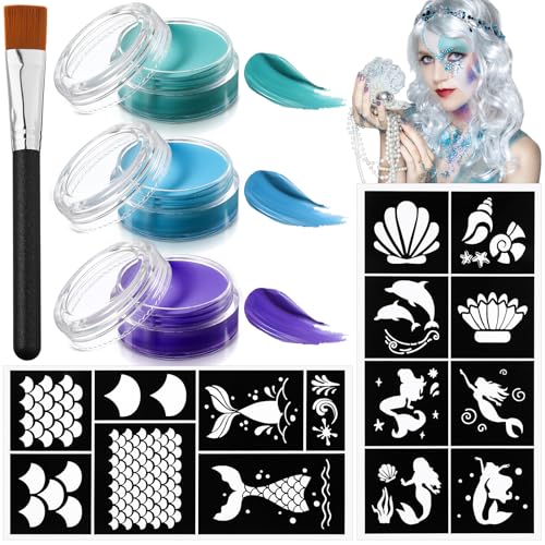 Thenshop 34 Pcs Mermaid Face Painting Kit Include Brush, 30 Sheet Mermaid Scale Stencil Reusable Stencil Stickers 3 Pcs Paints Face Body Paint Set for Halloween Birthdays Party Makeup Mermaid Cosplay