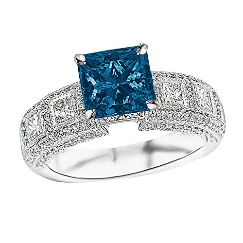 2.05 Carat t.w 14K White Gold Exquisite Bezel Set Princess Cut And Pave Set Round Diamond Engagement Ring w/a 1 Carat Princess Cut Blue Diamond Heirloom Quality