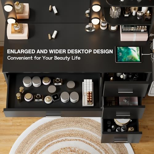 Image of YESHOMY Vanity Desk with Mirror, LED Lights and Storage, Black