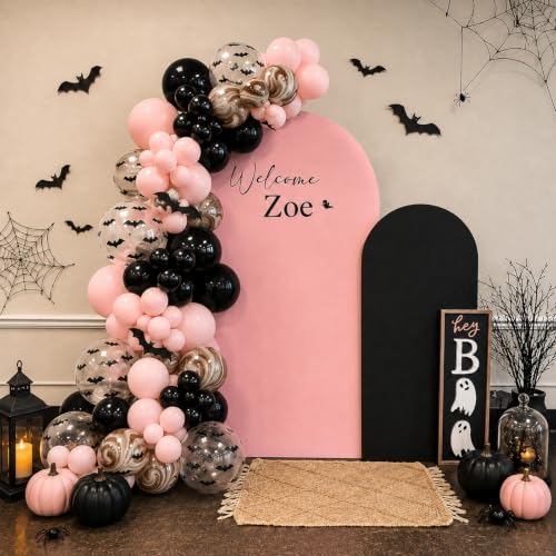 Image of HILAVO Pink Halloween Balloons Pastel Pink and Black Bat Balloons | for A Little Boo Baby Shower Ghouls Night Booday Spooky One Birthday Girly Halloween Party