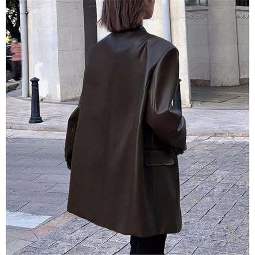 Autumn Black Brown Soft Pu Leather Blazer Women Shoulder Pads Long Sleeve Single Breasted Loose Casual Coat2