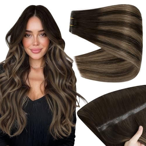 Full Shine Butterfly Weft Hair Extensions Straight Remy Hair Weft 18 Inch Invisible Pu Hole Weft Extensions Color Dark Brown To Light Brown Micro Beads Human Hair Extensions 100G