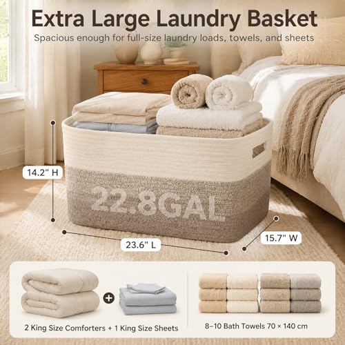 Image of Cotton Rope Laundry Basket Extra Large, 22.8GAL Collapsible Woven Storage Baskets for Living Room Kids Toys Stuffed Animal,Boho Rectangular Decorative Hamper for Dirty Clothes Blankets Gradient Brown