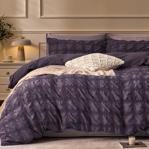 Image of JELLYMONI Seersucker Duvet Cover Set Queen, 3pcs Purple-Grid Polyester | In Master Bedroom, Couples Pick, Crinkled Texture, Oeko-Tex Certified, 8 Corner Ties & Hidden Zipper
