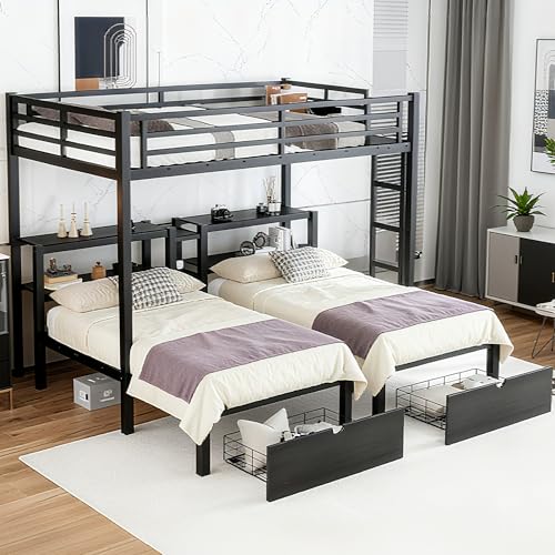 Bellemave Triple Bunk Bed with Drawers, Shelves & USB Ports, Heavy-Duty Metal Full XL Over Twin & Twin Bunkbed Frame for Kids & Adults, Space-Saving Triple Twin Bunk Bed with Safety Guardrails, Black