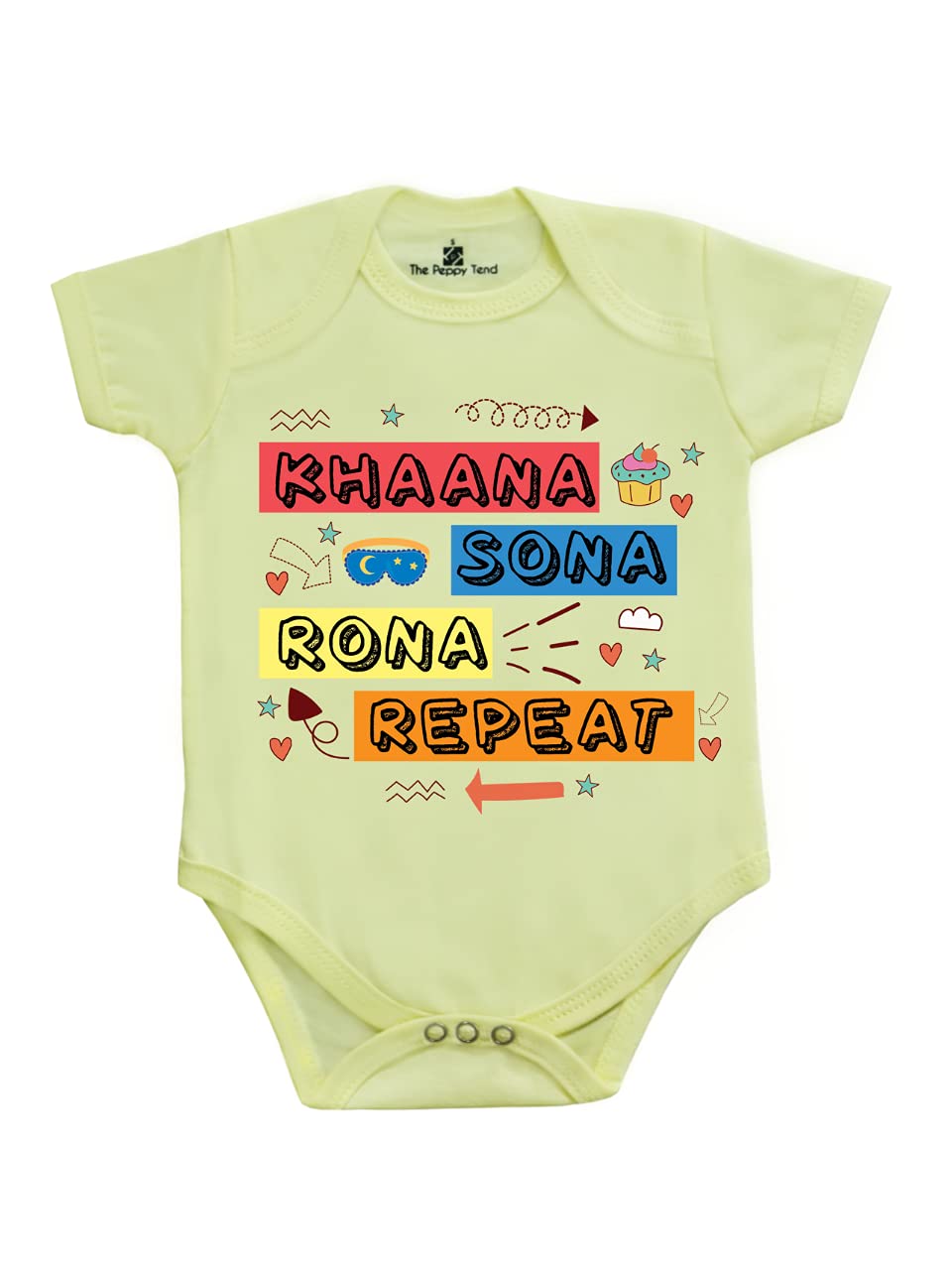 THE PEPPY TENDKhana Sona Rona Repeat Baby Unisex Onesie-Romper Half Sleeves Regular Fit, Yellow, 0 Months-3 Months