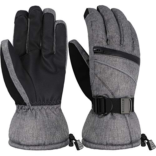 Andake Guantes de esquí, Hombres 3M Thinsulate Guantes de Invierno Calentar A Prueba de Viento Pantalla táctil Guantes Deportivos Impermeables para Esquí, Snowboard(Gris con Bolsillo Cremallera, L)