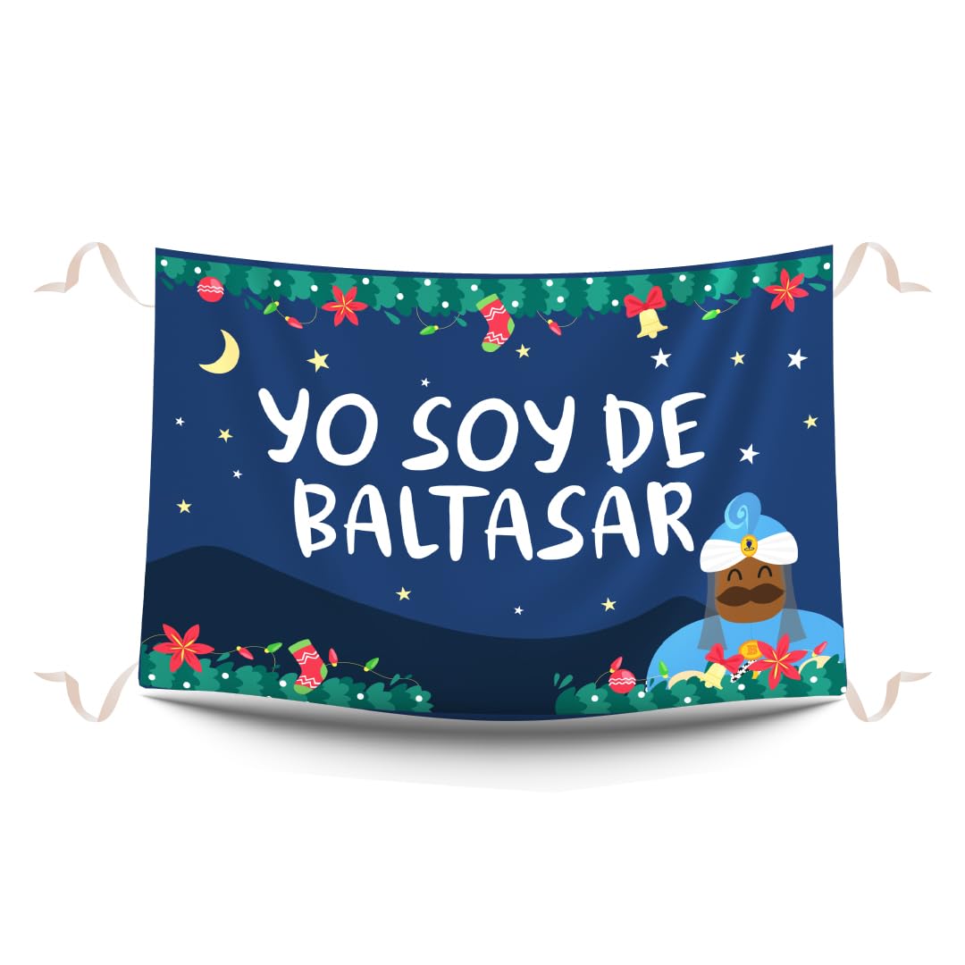 Balconeras de Navidad Yo soy de Baltasar. Decoración navideña y colgaduras divertidas de Navidad. Reposteros navideños para decorar balcones impresos en tela mate. Medidas 100 x 70 cm.