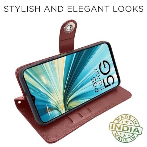 Image of Pikkme itel P55 5G Flip Cover Leather Finish | Inside TPU with Card Pockets | Wallet Stand and Shock Proof | Complete Protection Button Flip Case (Brown)