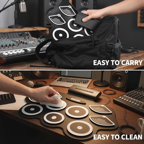 Image of Wireless Electronic Drum Set with 9 Pads, Portable Roll-Up Practice Kit for Kids & Beginners , Built-in Speaker, LED Lights, Recording & Headphone Output ,Includes Kick Pedal, Drum Sticks